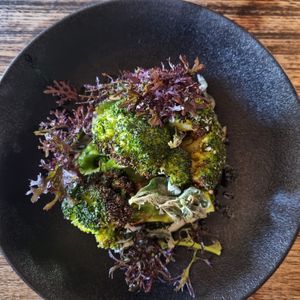 Broccoli, smoked almond, vadouvan lentils, eggplant pickle, seasonal greens at Stillwater in Launceston