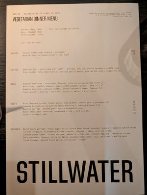 Vegetarian and vegan dinner menu, note no vegan dessert. 21 June 2025. at Stillwater in Launceston