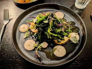 Broccolini with confit potato and celeriac puree. 21 June 2025. at Stillwater in Launceston