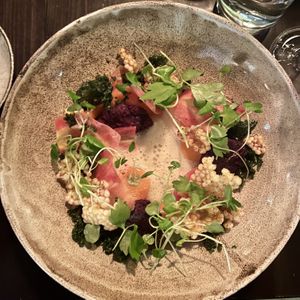 Carrot and beetroot falafel with vegetable foam    at Natur in Gothenburg