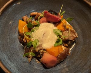Potato, carrot, portobello mushrooms, pickled shiitake, mayo, onion broth (part of 3 courses menu: 545kr)  at Natur in Gothenburg