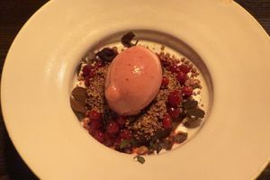 Lingonberry sorbet with chocolate  (part of 3 courses menu: 545kr)  at Natur in Gothenburg