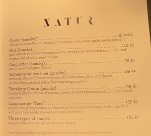 Menu  at Natur in Gothenburg