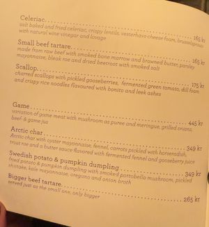Menu  at Natur in Gothenburg