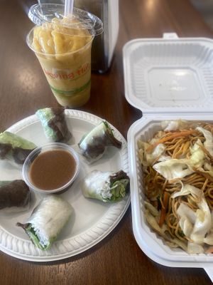 Mango Smoothie, Spring Rolls, and Tofo Chow Mein 😛  at Loving Hut Glendora in Glendora