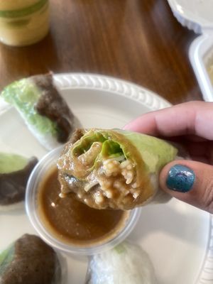 Close-Up of Spring Rolls w/Sauce! Great Texture w/Vegan Beef 😋  at Loving Hut Glendora in Glendora