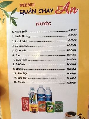 Beverage menu. at Quán Chay An in Hue