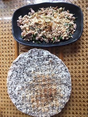 Vegan com hen (jackfruit salad & rice cracker) #6 on menu. at Quán Chay An in Hue