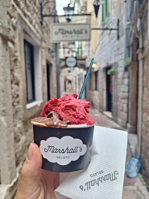 Dark choc + raspberry at Marshall's Gelato in Kotor