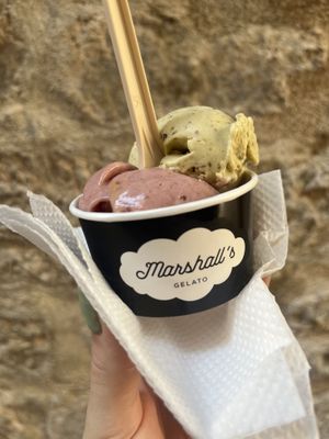 Salted pistachio and banana cherry  at Marshall's Gelato in Kotor