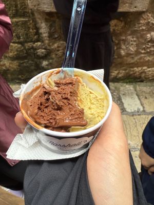 Chocolate and salted pistachio gelato at Marshall's Gelato in Kotor