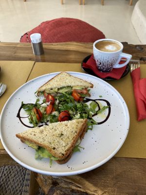 Avocado Toast, Cappuccino with Soy Milk  at Bohemia The Journey in Santorini
