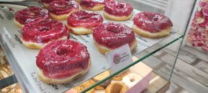 Sweet rasperry vegan donuts at La Donuteria in Paris