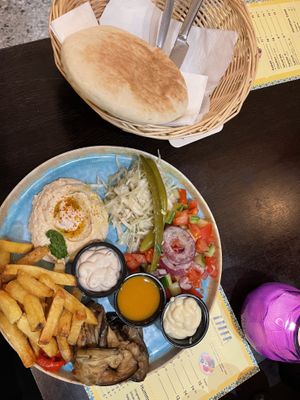 Sabich Plate: Eggplant, potatoes, veggies, salad, Hommus, pita bread   at Laffa in Amsterdam