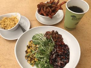 Buddha Bowl- with teriyaki sweet potatoes, avocado, shiitake mushroom chips, roasted corn& rice.  Sides- Mac & cheese. -Sweet potato fries at Native Foods in Costa Mesa