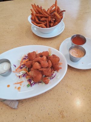 Sweet potatoe fries and buffalo cauliflower at Native Foods in Costa Mesa