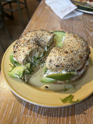 Everything bagel, chive cream cheese l, avocado topping   at Bagels & Beans - Waterlooplein in Amsterdam