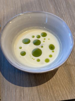 Cucumber soup with dill oil  at ansvar - Greenery Lab in Copenhagen