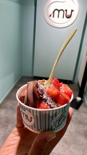 Chocolate ice cream with several vegan toppings  at MU in Villach