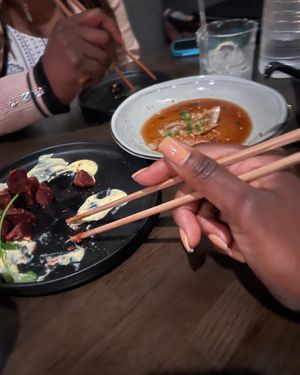 Beet appetizer and impossible dumplings   at Nori in Austin