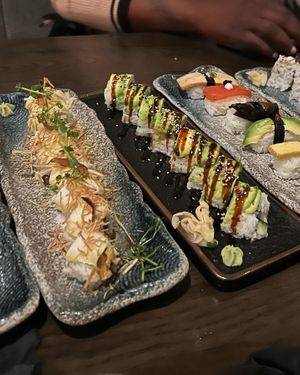 Dragon roll, avocado roll, sashimi sampler  at Nori in Austin