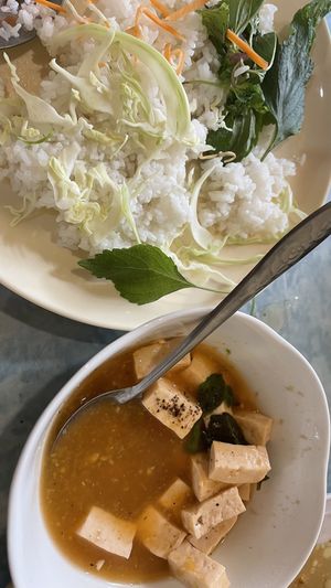 Braised lemongrass tofu with steamed rice   at Chay Corner in Hue