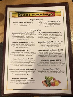 Dedicated vegan menu (ask the waiter)  at Kool Runnings Jamaican Restaurant in Inverness