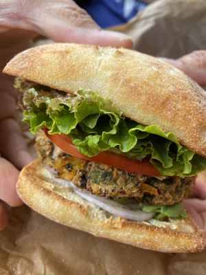 Bean Burger made of quinoa. Sun the cheese with avocado but vegan cheese is available . at Soto's True Earth Market in Cambria