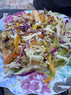 Cashew Chik’n Salad—crispy,  chewy, yummy!  at Soto's True Earth Market in Cambria