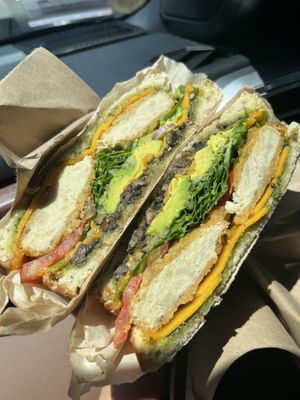 Pesto melt with added chick’n and sub vegan cheese  at Soto's True Earth Market in Cambria