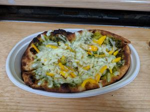 Vegan Pesto Pizza. It was DELICIOUS! at Soto's True Earth Market in Cambria