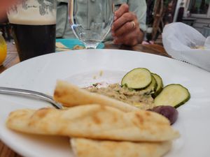 Baba ganoush with fresh pickles and olives at Abroad in Orleans