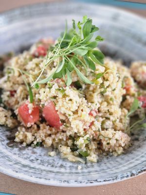 Couscous salad with watermelon (they didn't have vegan feta cheese on that day) at Strozzi's Strandhaus in Herrliberg