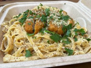 Crispy Chicken Fettuccine Alfredo. at Fair Game in Austin