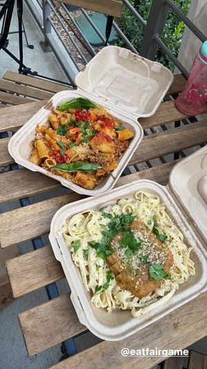 Another hit from mission street burrito the food was really good! My favorite was the Spicy "Wild Boar" Ragu Rigatoni. Looking forward to trying the pesto rigatoni soon.  at Fair Game in Austin