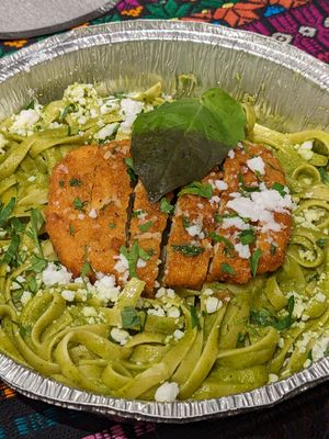 Pesto with vegan chicken at Fair Game in Austin