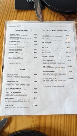 Menu at Lula Casco in Panama City