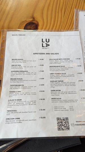 Menu at Lula Casco in Panama City