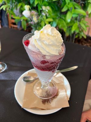 Vegansk isdessert med rødvinsmarineret hindbær  at Café Solvogn in Hoejby