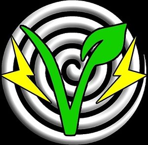 Vegan Pizza LB 'Flying V' logo at Jug Band Coffee and Tea in Long Beach