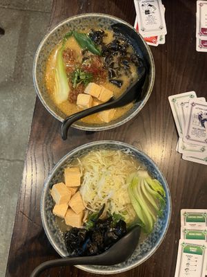 Spicy soy mince with wood ear mushrooms and bok choy (rice noodles) and I got the cabbage and miso with wood ear mushrooms, bokchoy and tofu (vegan noodles)  at Ramen Ramen in Queenstown