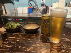Edemame and Yebisu Beer - perfect Japanese combo  at Ramen Ramen in Queenstown