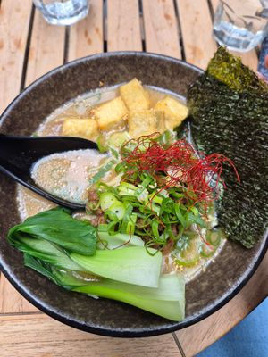 Veggie tan tan ramen with tofu, spring onion and nori sheets at Ramen Ramen in Queenstown