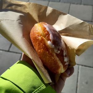 Vegan rose hip Karneval jelly donut at Rischart am Hauptbahnhof U-Bahnhof in Munich