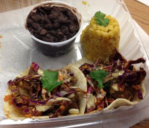 Fuerza Locale street tacos (made with Jackfruit) with rice & beans (stay away from the rice & beans! There's something wretched in them...or so it smells as such.) The tacos were yum though. at Aside of Heart in Phoenix