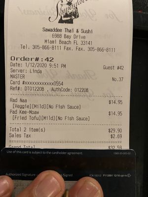 Even the receipt specified no fish sauce  at Sawadee Thai in Miami Beach