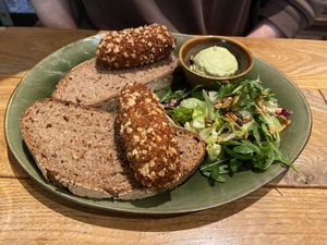Oesterzwamkroketten on sourdough bread with a herbal creme: tasty  at Volkshuis Deventer in Deventer