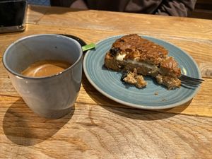 Black coffee and carrot cake (nice with good cream cheese)  at Volkshuis Deventer in Deventer