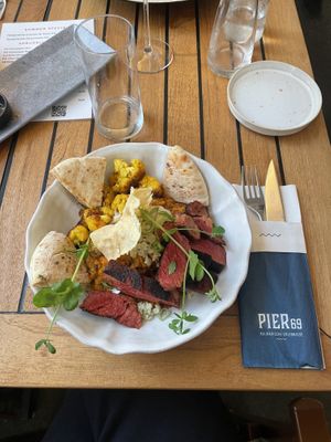 Steak by Planted, cauliflower, pita bread, lental stew. Little odd mix but filling food, around 29€  at Pier69 Hafenrestaurant in Bregenz