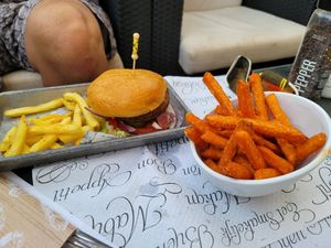 Vegan burger with vegan fries and sweet potato fries at Tango in Calpe